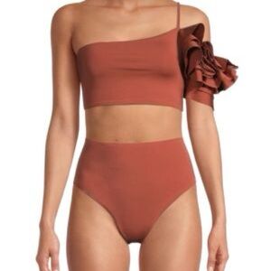 One-Shoulder Ruffle Bikini Set - Brown